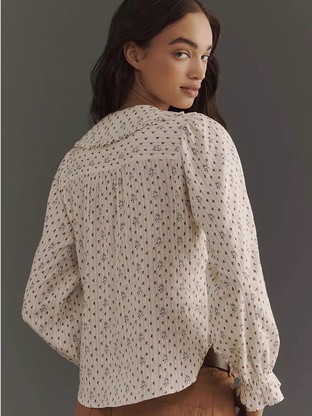 Pilcro Cream Floral Ruffled-Collar Button Front Blouse - Picture 2 of 2